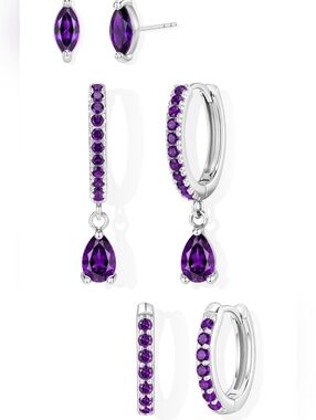 3pc 14k/925 Plated Purple Gemstone Drop & Hoop Earring Set. (Any Birthstone)